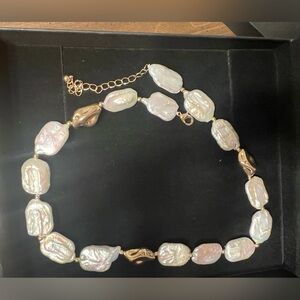 Women’s Elegant Flat Pearl Necklace with Gold Accents